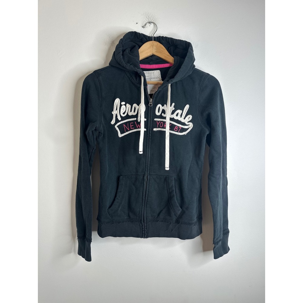 VTG Aeropostale Zip Up Hoodie Womens M Black New York 87 Graphic Y2K Preppy 90s